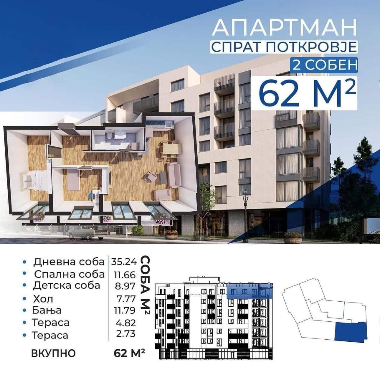 Нов стан 62м2 во нова градба - За Продажба - Ѓорче Петров